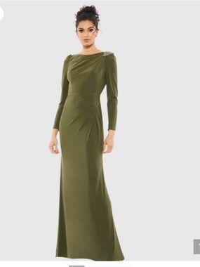 Mac Duggal Olive Green Long Sleeve Draped Evening Gown with Brooch